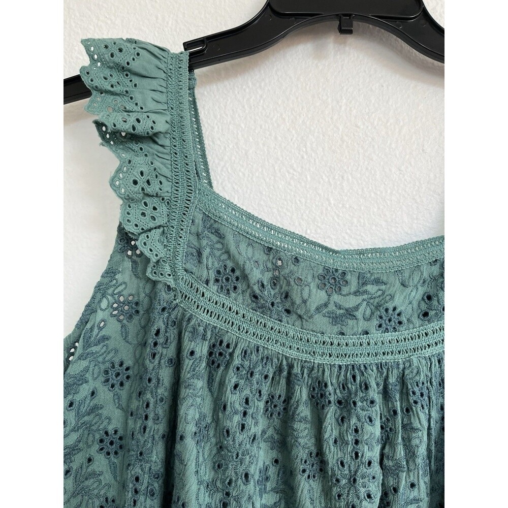 Lucky Brand Eyelet Lace Blouse Top Large Sage Green Cotton Cottagecore Boho - Picture 5 of 10